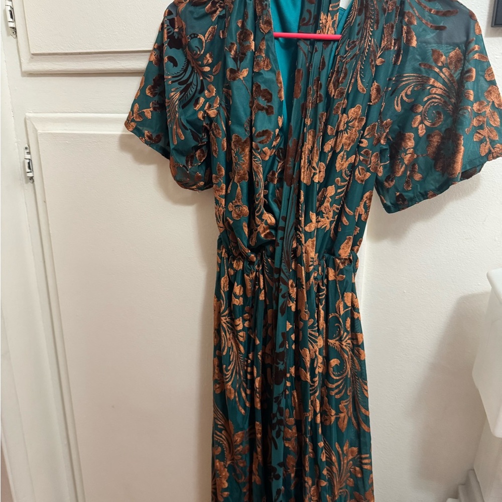 Vintage Teal and Brown Maxi Dress